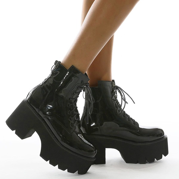 

Lace-up Front Chunky Heeled Combat Boots, Black