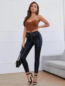 SHEIN BAE 鉤和鉤眼前手帕抹胸上衣 - 棕色 - 查看 3