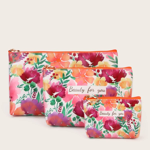 

3pcs Flower Print Makeup Bag, Multicolor