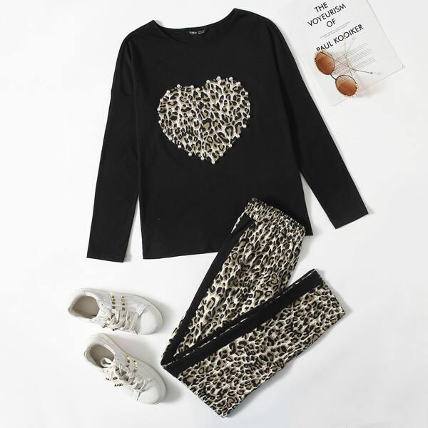 

Drop Shoulder Pearls Beaded Heart Print Top & Leopard Leggings Set, Multicolor