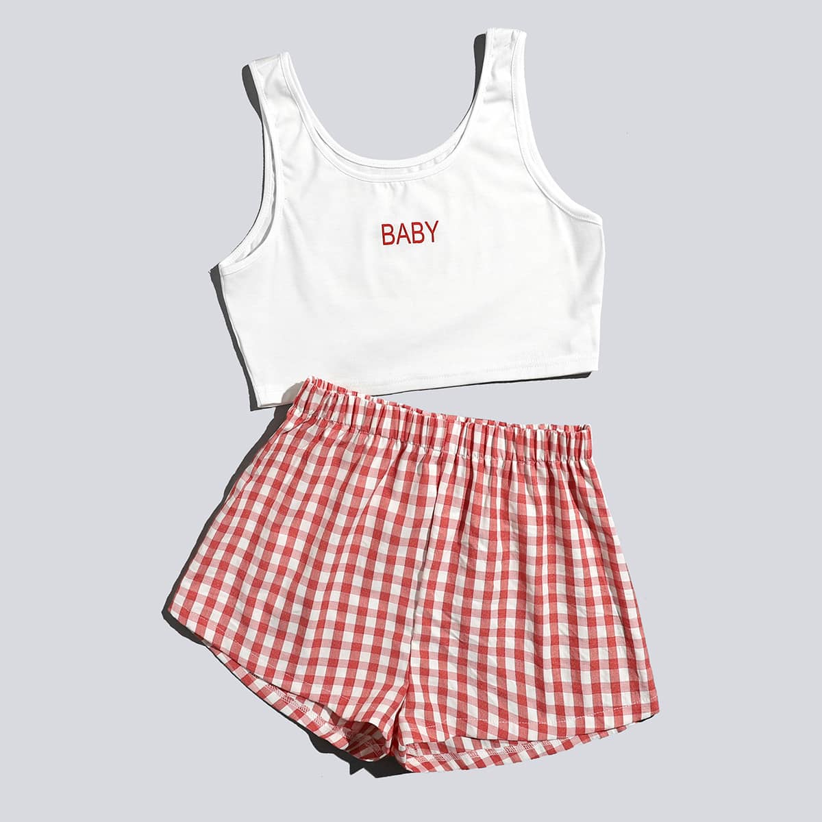 

Letter & Gingham Print PJ Set, Multicolor