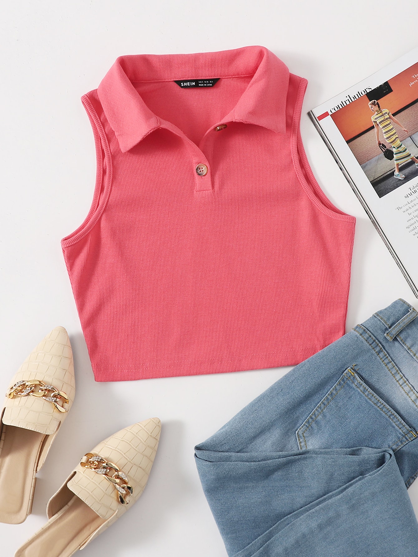 Button Half Placket Rib-knit Tank Top thumbnail