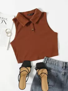 SHEIN EZwear 紐扣半開襟羅紋針織背心上衣 - 鏽棕色 - 查看 1