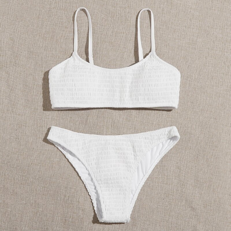 

Solid Smocked Bikini Swimsuit, White