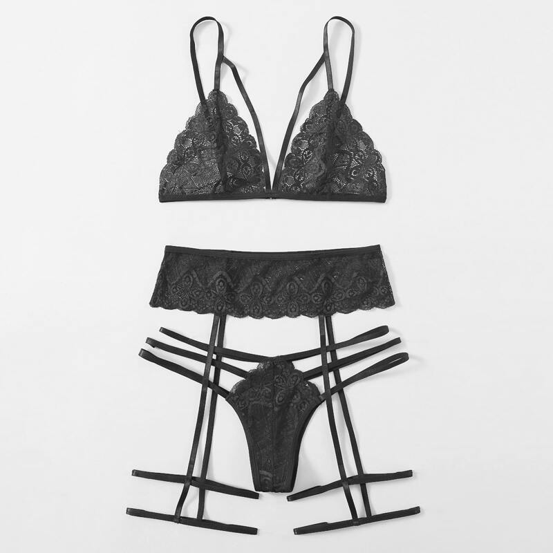 

Floral Lace Cut-out Garter Lingerie Set, Black