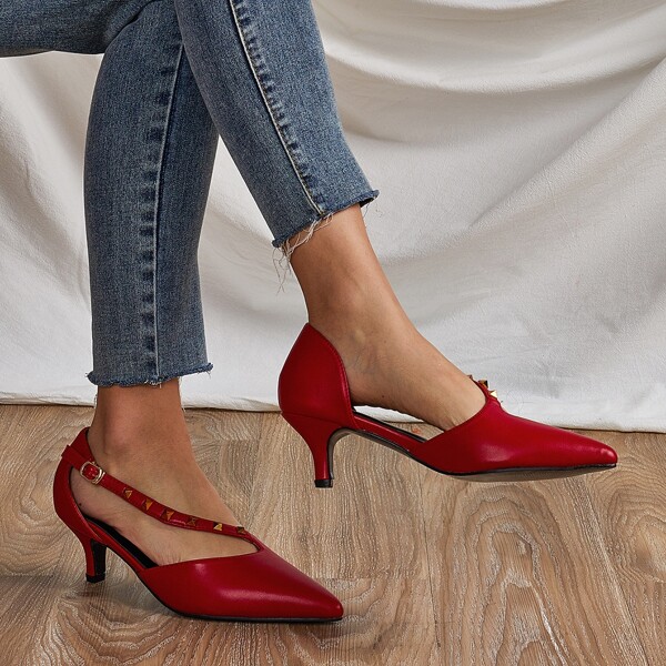 

Point Toe Rivet Decor Mid Heeled Pumps, Red
