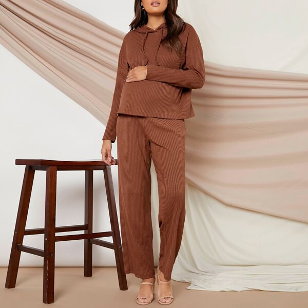 

Maternity Rib-knit Hoodie & Pants Set, Rust brown
