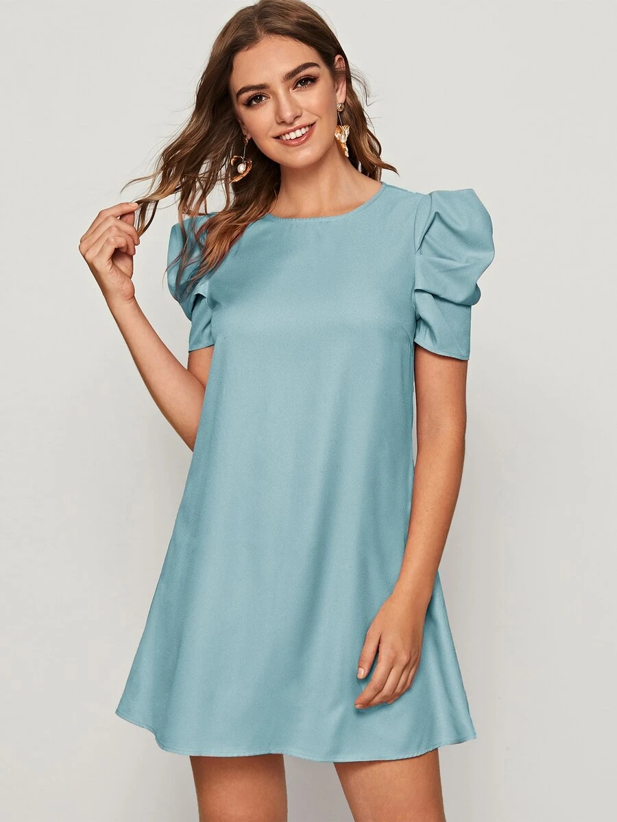 SHEIN Privé Vestido túnico de espalda con abertura de ojo de manga farol - Celeste - Ver 1