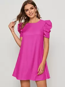 SHEIN Privé Puff Sleeve Keyhole Back Tunic Dress - Hot Pink - View 1