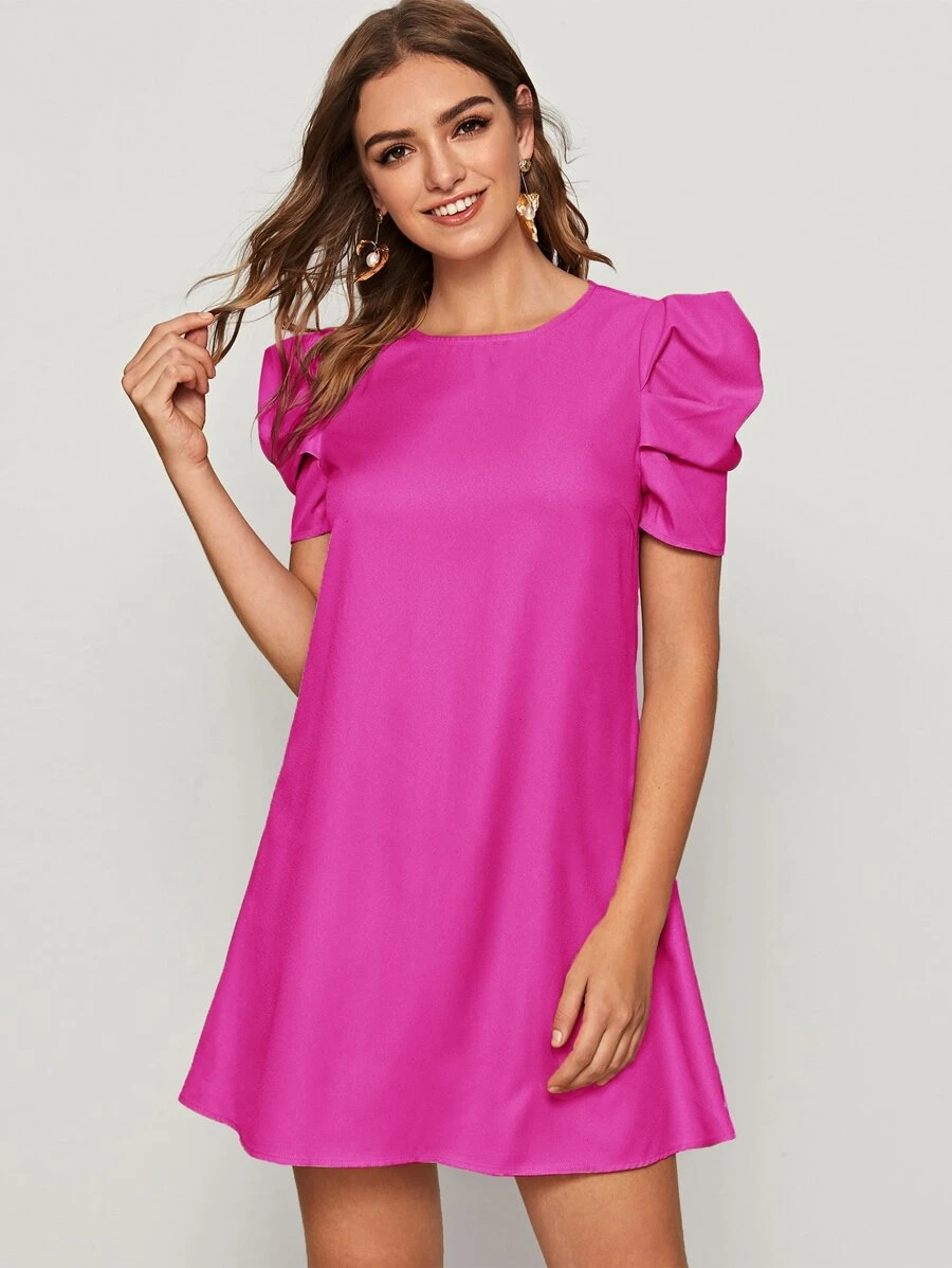 SHEIN Privé Puff Sleeve Keyhole Back Tunic Dress - Hot Pink - View 1