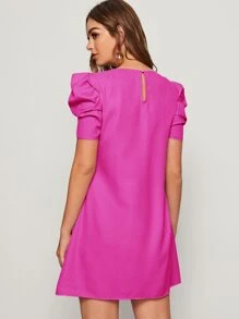 SHEIN Privé Puff Sleeve Keyhole Back Tunic Dress - Hot Pink - View 2