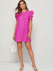 SHEIN Privé Puff Sleeve Keyhole Back Tunic Dress - Hot Pink - View 3