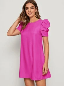 SHEIN Privé Puff Sleeve Keyhole Back Tunic Dress - Hot Pink - View 5