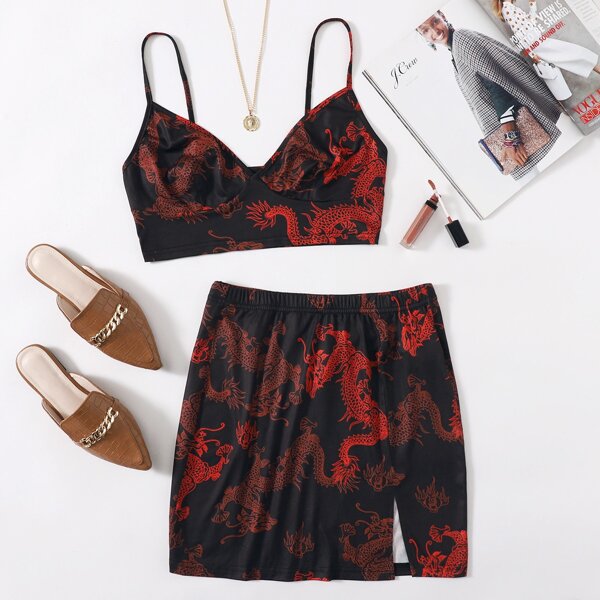 

Chinese Dragon and Fire Print Cami Top & Split Hem Skirt Set, Multicolor