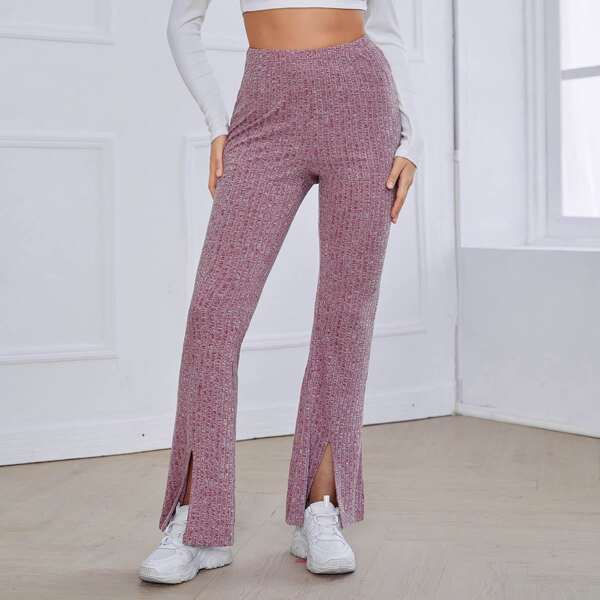 

Split Hem Ribbed Flare Leg Pants, Redwood