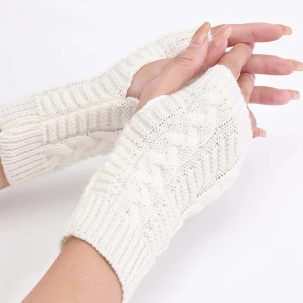 

Solid Knit Fingerless Gloves, White