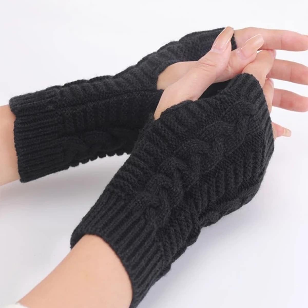 

Solid Knit Fingerless Gloves, Black