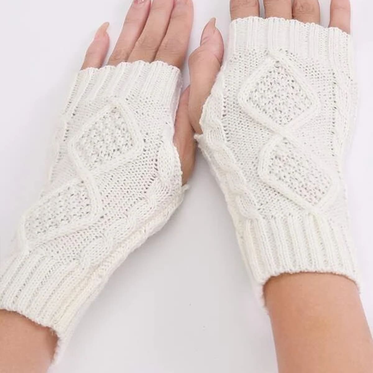 

Solid Knit Fingerless Gloves, White