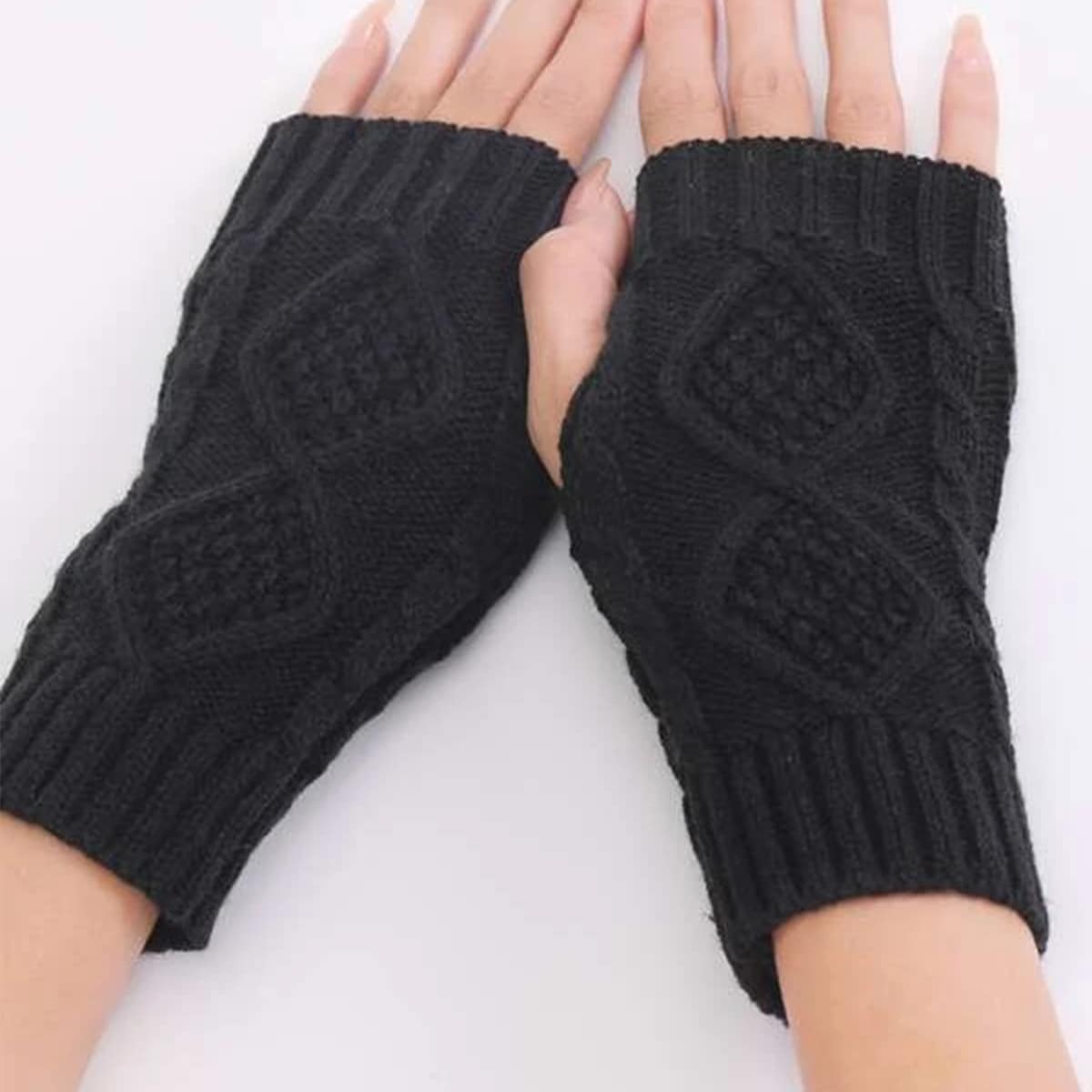 

Solid Knit Fingerless Gloves, Black