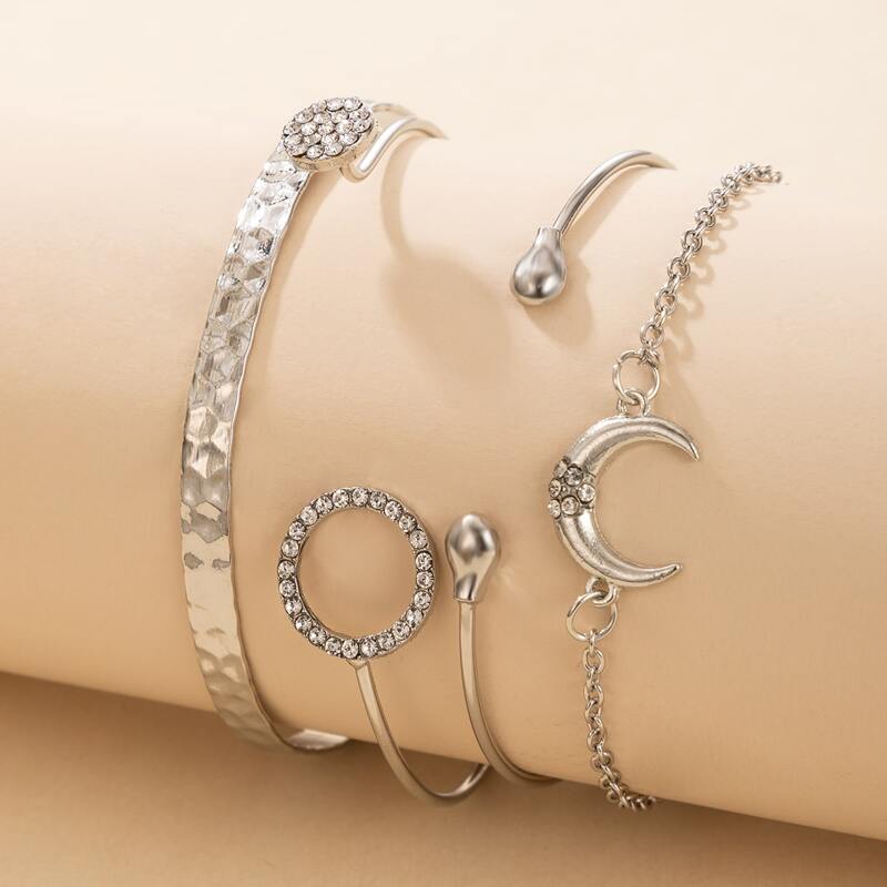 4pcs Rhinestone Ring & Moon Bracelet, Silver