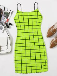 SHEIN Privé Neon Lime Lettuce Trim Grid Bodycon Dress - Green - View 1