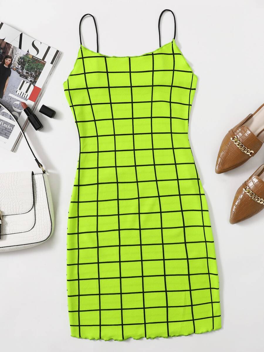 SHEIN Privé Neon Lime Lettuce Trim Grid Bodycon Dress - Green - View 1