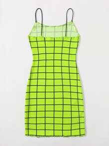 SHEIN Privé Neon Lime Lettuce Trim Grid Bodycon Dress - Green - View 2