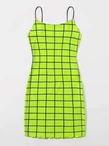 SHEIN Privé Neon Lime Lettuce Trim Grid Bodycon Dress - Green - View 3