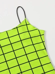 SHEIN Privé Neon Lime Lettuce Trim Grid Bodycon Dress - Green - View 4
