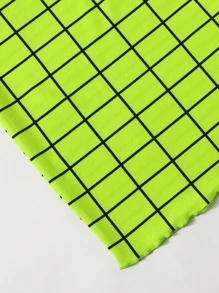 SHEIN Privé Neon Lime Lettuce Trim Grid Bodycon Dress - Green - View 5