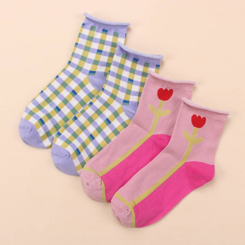 

2pairs Plaid & Floral Crew Socks, Multicolor