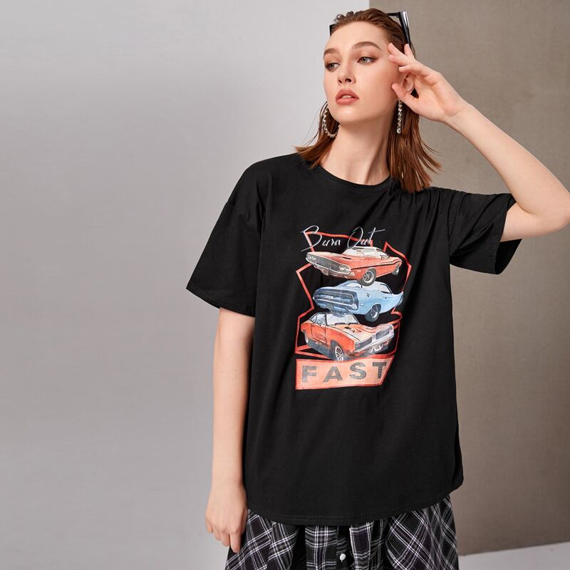 

Letter Car Graphic Oversized Tee, Black