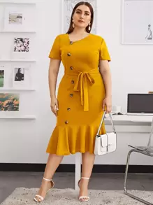 SHEIN Clasi Elegant Vlak Grote maat jurk Geribd