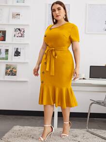 SHEIN Clasi Elegant Vlak Grote maat jurk Geribd