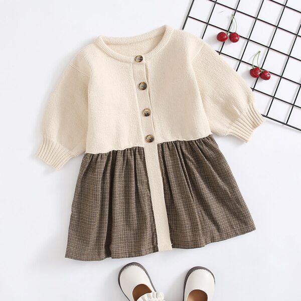 

Toddler Girls Colorblock Plaid Pattern Button Front Sweater Dress, Multicolor