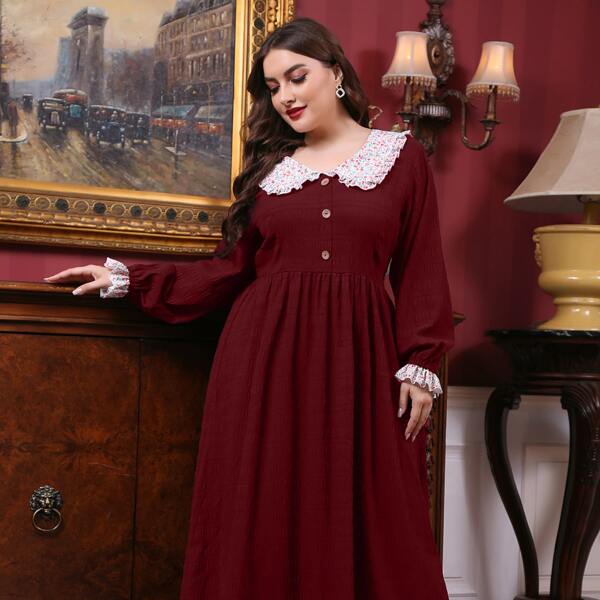 

Plus Contrast Collar Flounce Sleeve Maxi A-line Dress, Maroon