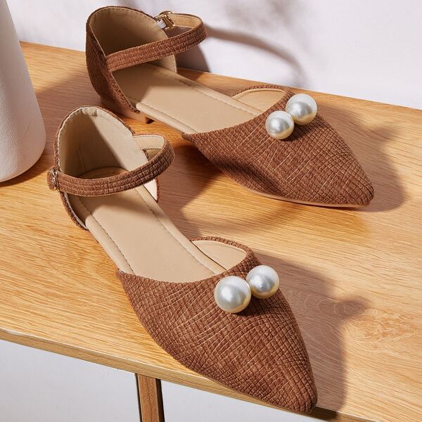 

Faux Pearl Decor Ankle Strap Flats, Brown