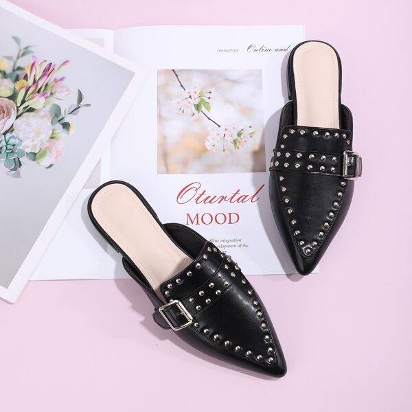 

Point Toe Studded Decor Flat Mules, Black