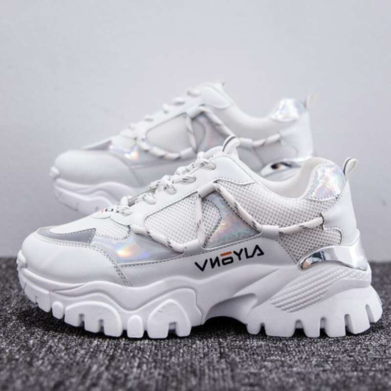 

Holographic Lace-up Chunky Sneakers, White