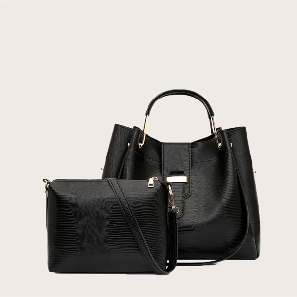 

2pcs Lizard Pattern Top Handle Bag Set, Black