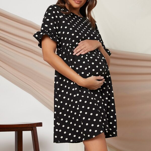 

Maternity Ruffle Cuff Polka Dot Dress, Black