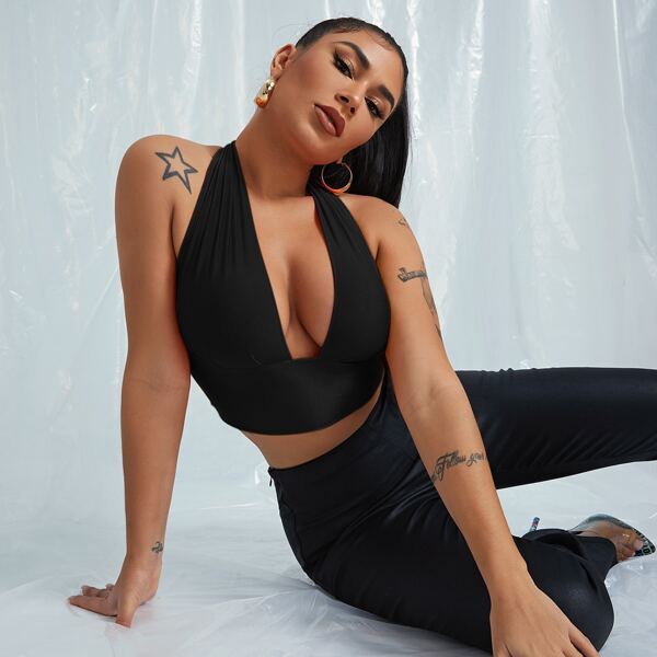 

Crop Tied Halter Top, Black