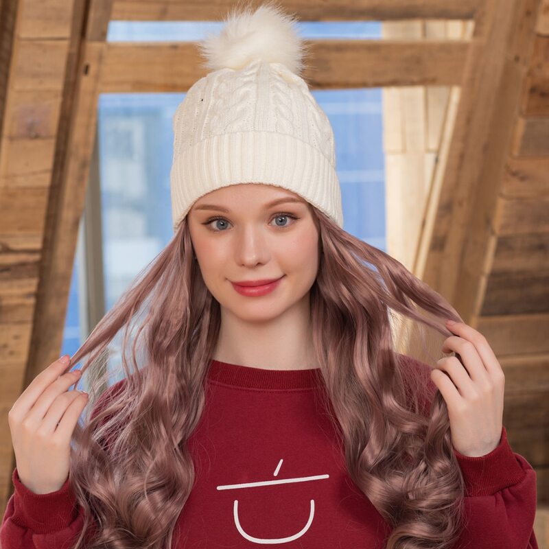 

Long Curly Wig With Knit Beanie, Redwood