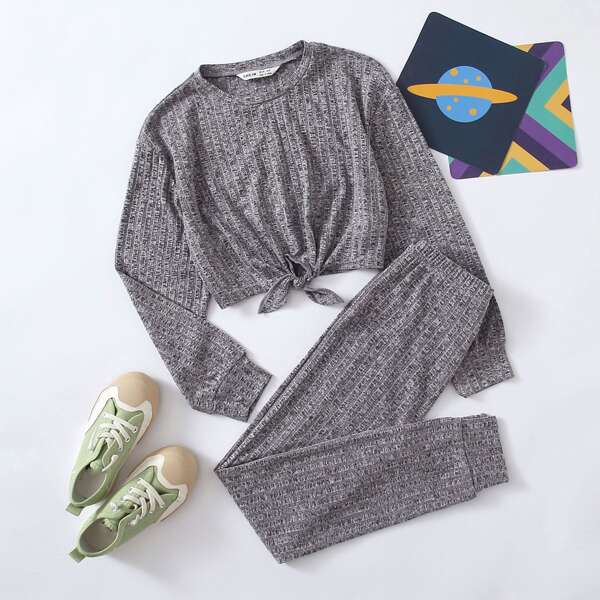 

Girls Knot Hem Top & Pants Set, Grey