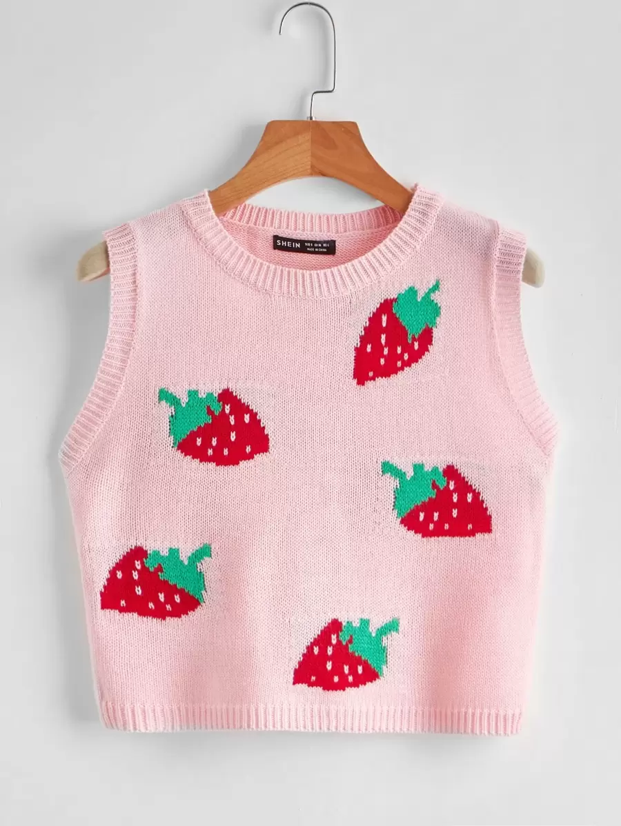 Strawberry Pattern Sweater Vest - Baby Pink - View 1