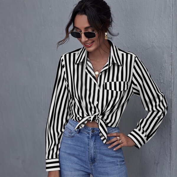 

Button Front Flap Pocket Striped Blouse, Black and white