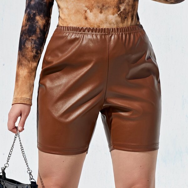 

Plus Tie Back PU Leather Shorts, Brown
