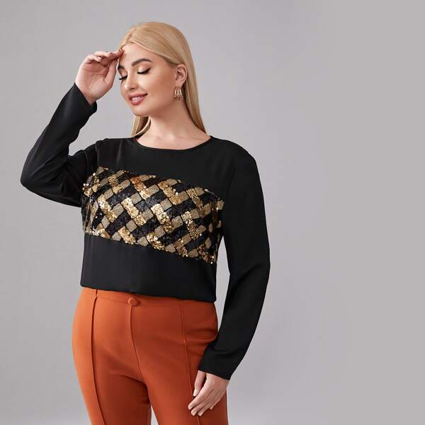 

Plus Contrast Sequin Panel Top, Black
