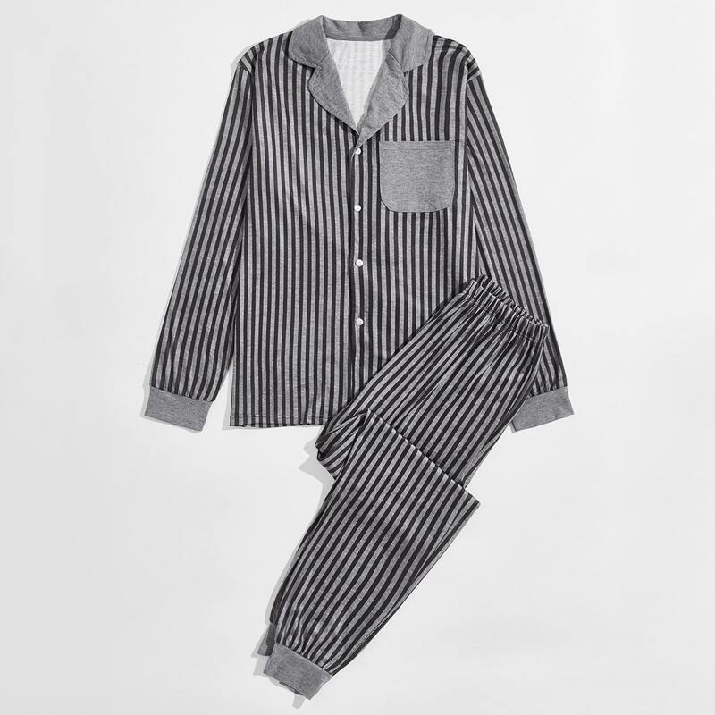 

Guys Striped Print Lapel Collar Button Front PJ Set, Multicolor
