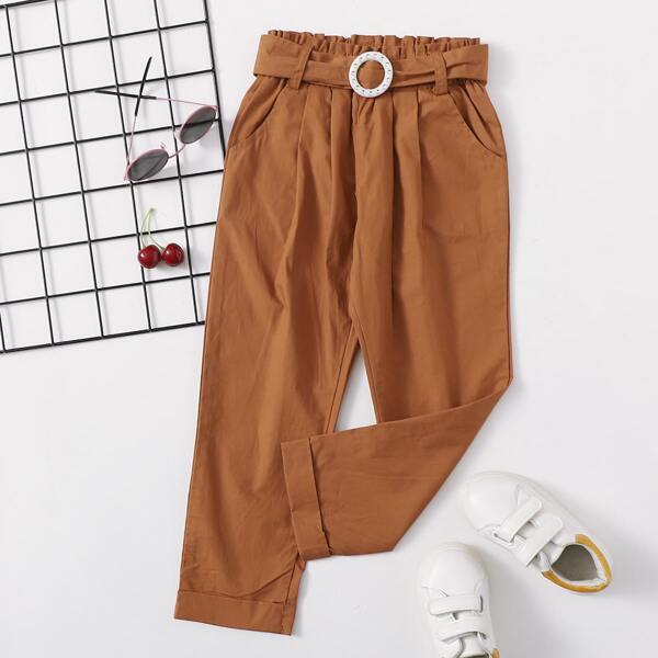 

Toddler Girls Solid Belted Paperbag Waist Pants, Brown